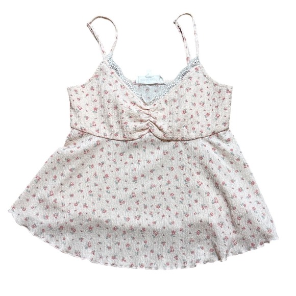 Pink Rose Tops - Pink Rose Floral Babydoll Cami Top Pink Cream Lace Trim Lettuce Edge Womens M